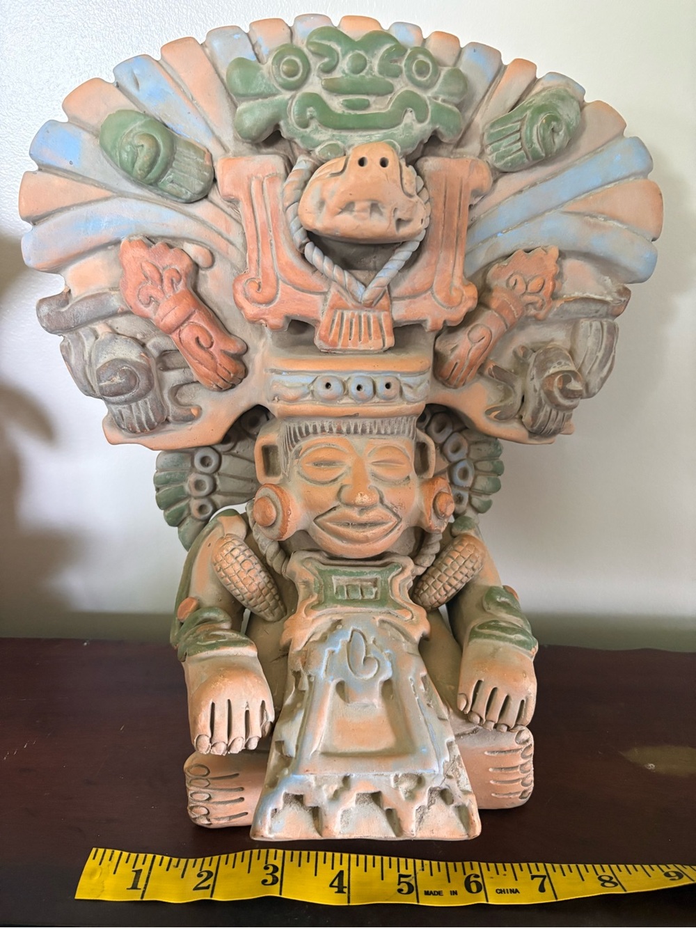 Handcrafted Terracotta Aztec Statue in Green & Peach maize God